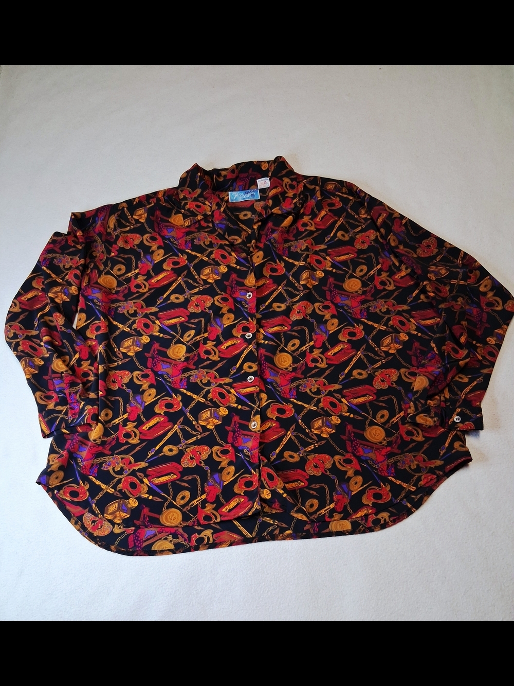 Men's Black Button-Down Shirt with Red & Gold Abstract Print